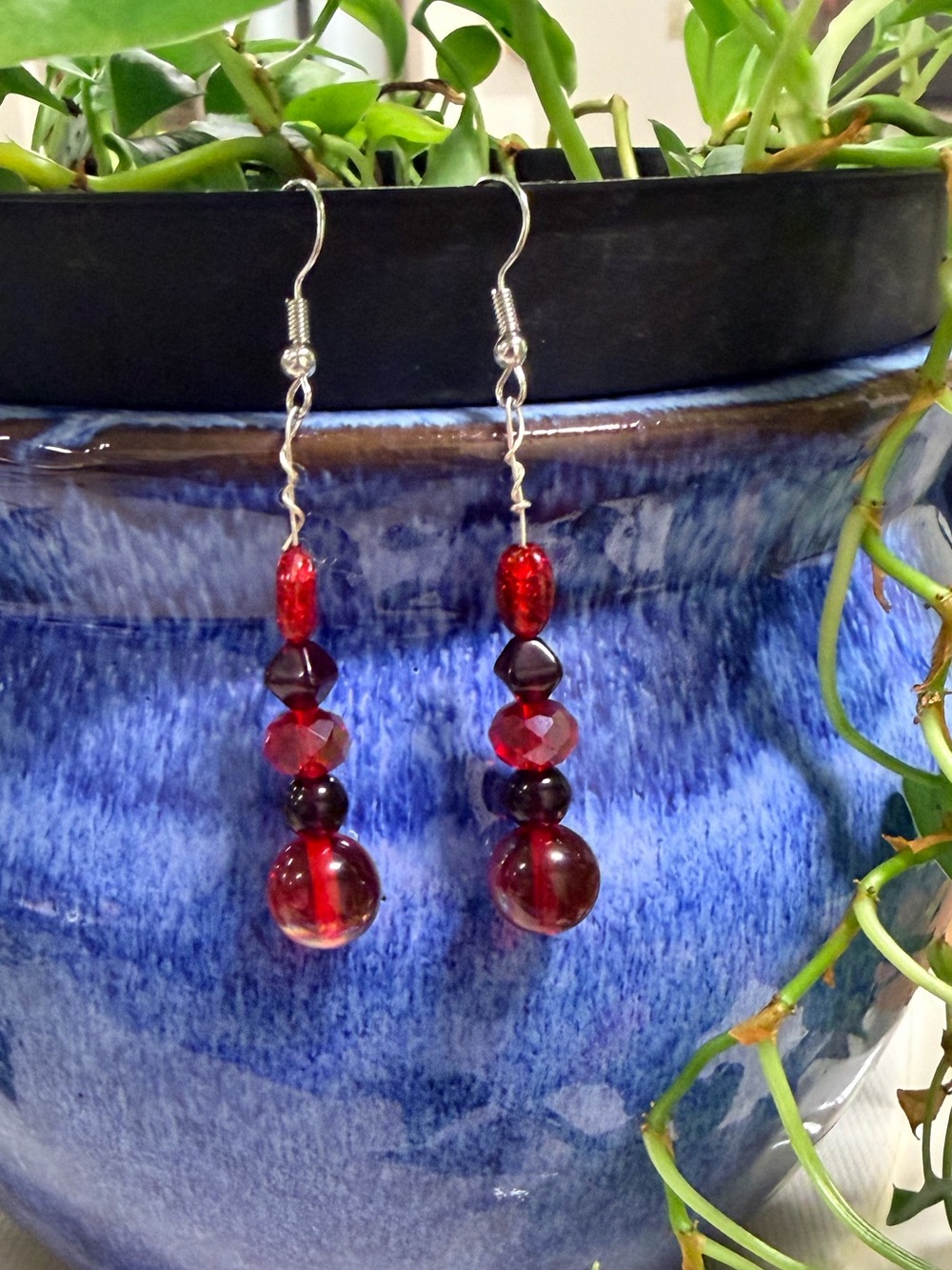 Handmade Red Beaded Dangle Earrings